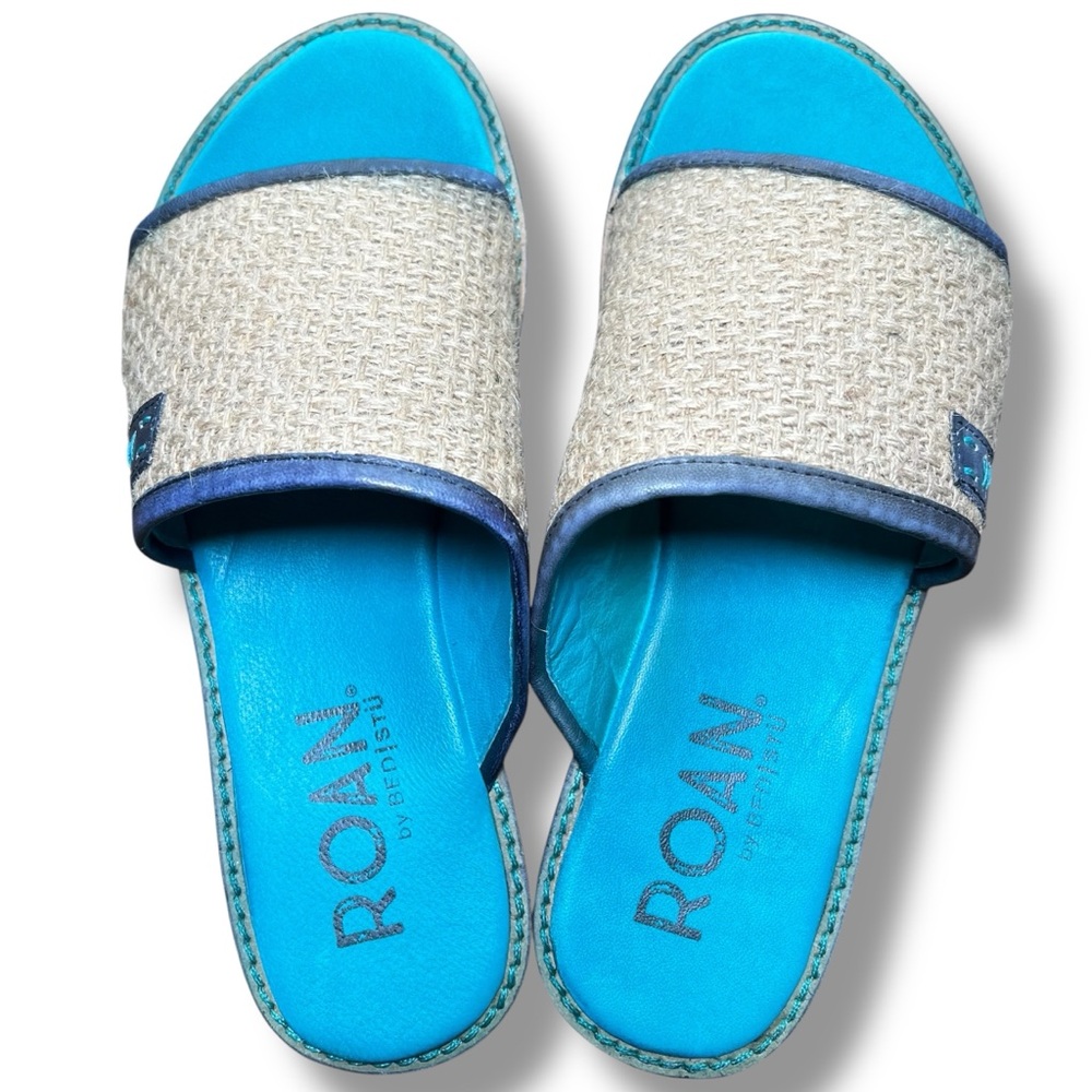ROAN by BED|STU NIB Hara Slide Sandals Size 7 Tan Blue Leather Jute